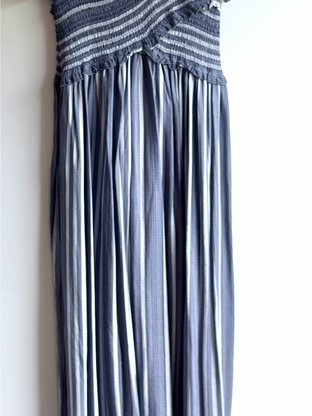 Smocked Off Shoulder Gray & Cream Striped Maxi Dress Boho Cottagecore